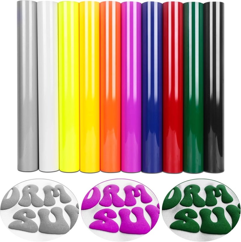 Torc 3D Puff HTV Heat Transfer Vinyl 12" x 10" 10 Sheet Pack - Assorted Colors, Iron-On for T-Shirts, DIY Crafts, Compatible with Cricut & All Cutters, Easy Cut & Weed - Image 1